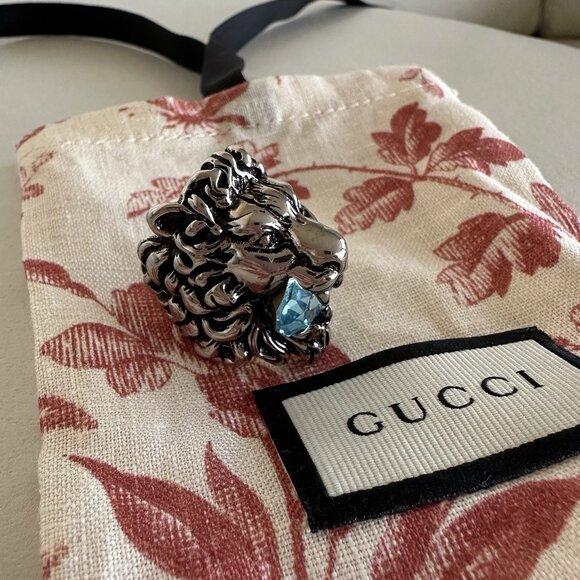 NEW Authentic Gucci Lion Head Crystal Ring In Silver & Blue Sz 10 IT 5.25 US - Picture 3 of 8